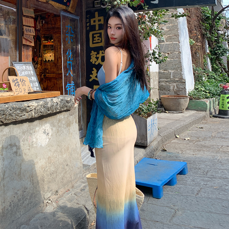 Gradient temperament summer blue niche mermaid slim dress