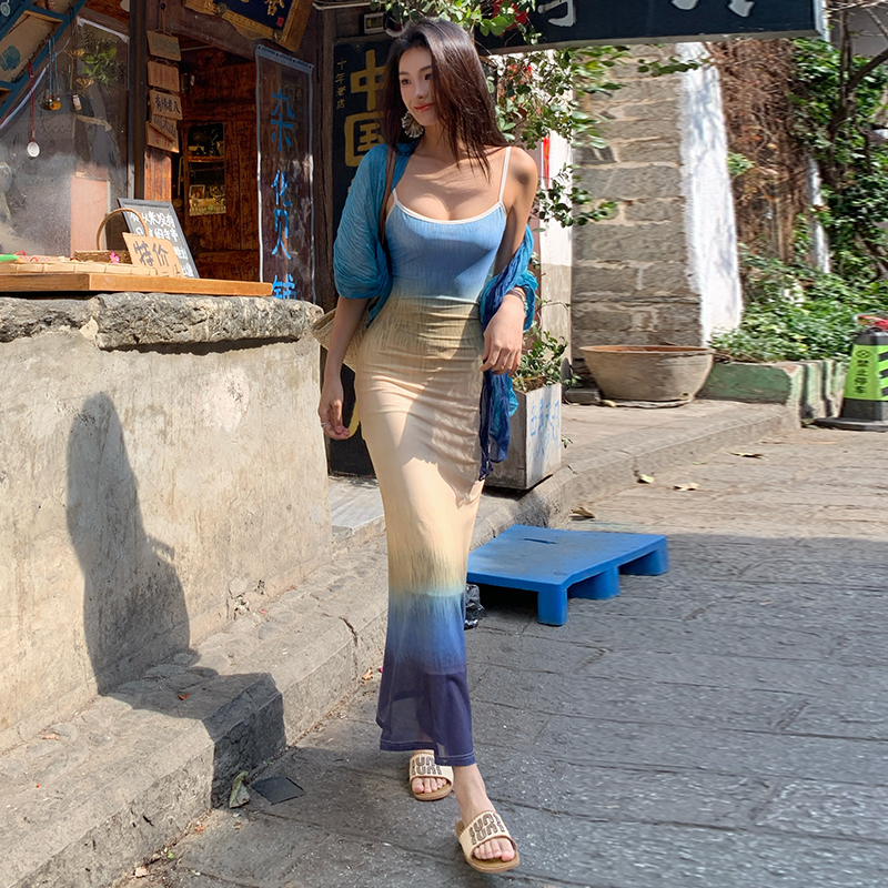 Gradient temperament summer blue niche mermaid slim dress
