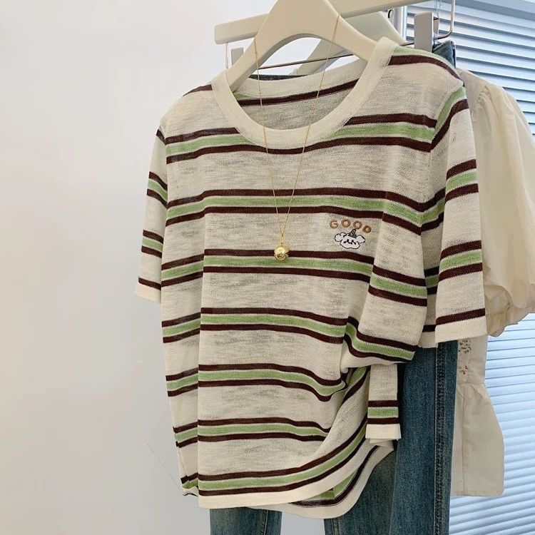 Short sleeve stripe T-shirt summer tops for women
