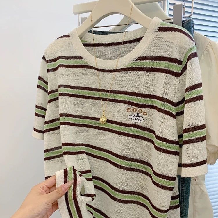 Short sleeve stripe T-shirt summer tops for women