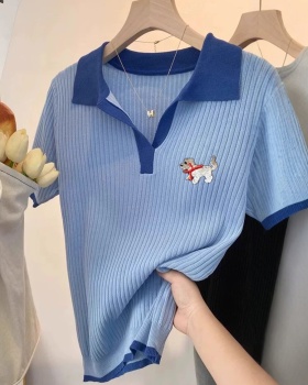 Puppy blue T-shirt knitted ice silk tops for women