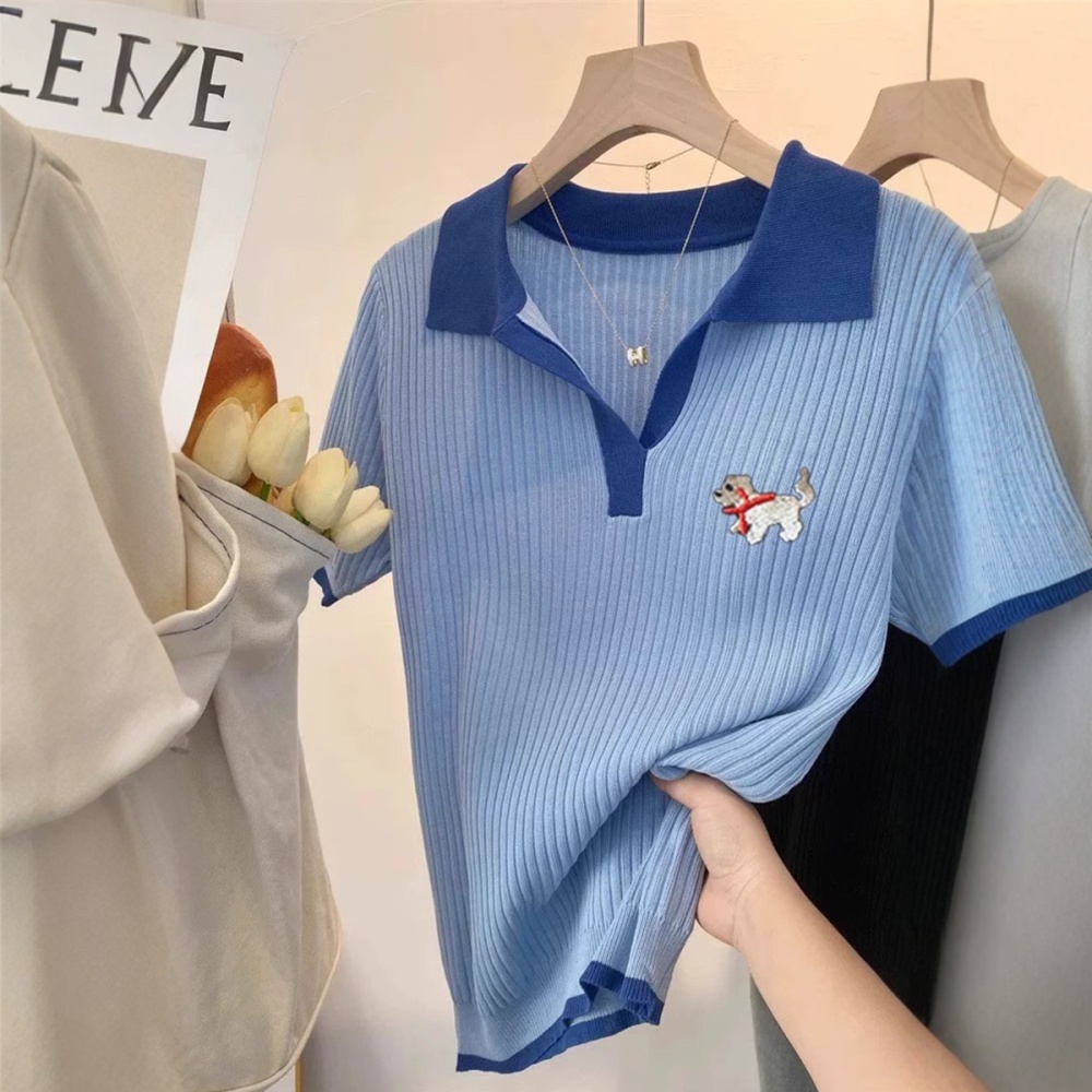 Puppy blue T-shirt knitted ice silk tops for women