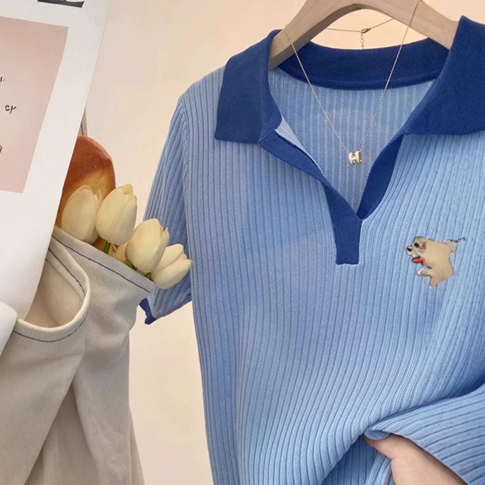 Puppy blue T-shirt knitted ice silk tops for women