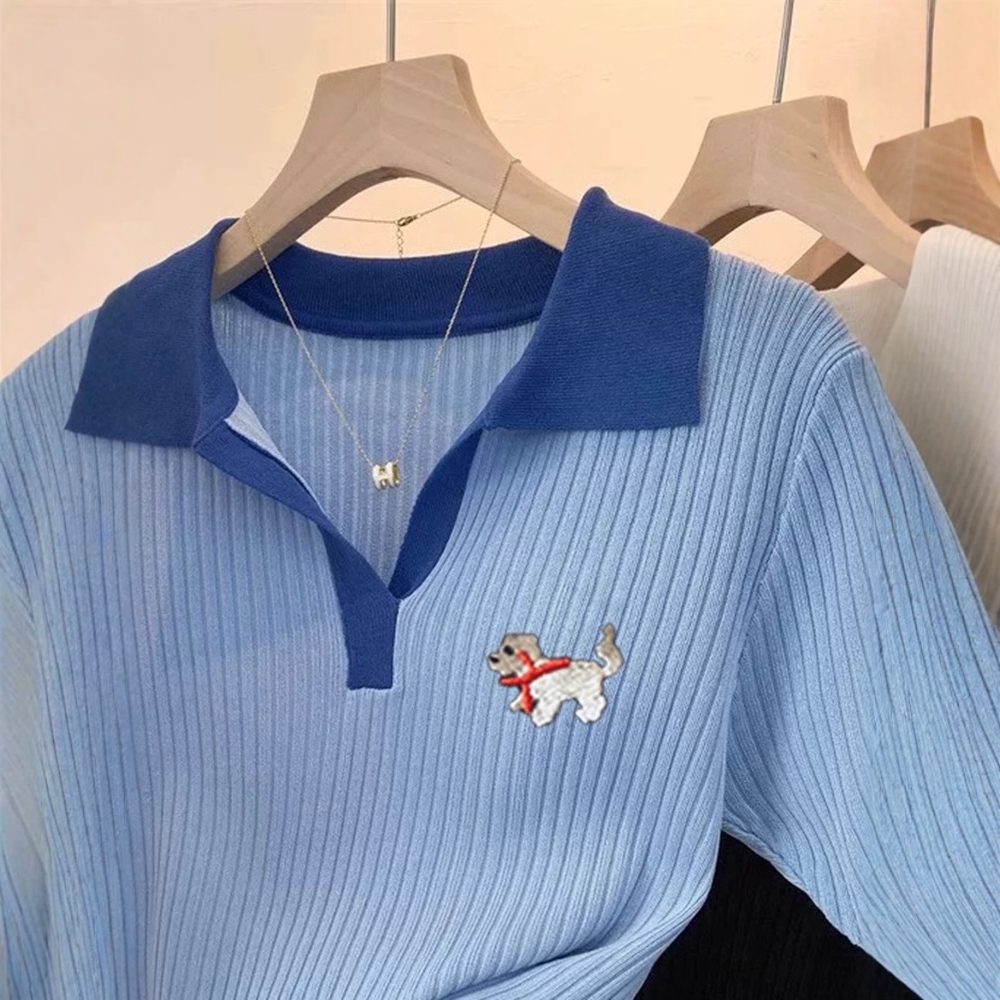 Puppy blue T-shirt knitted ice silk tops for women
