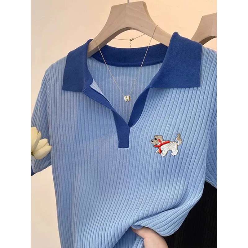 Puppy blue T-shirt knitted ice silk tops for women