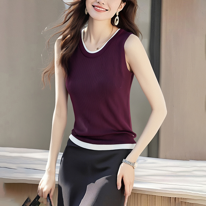 Mixed colors round neck sweater knitted vest for women