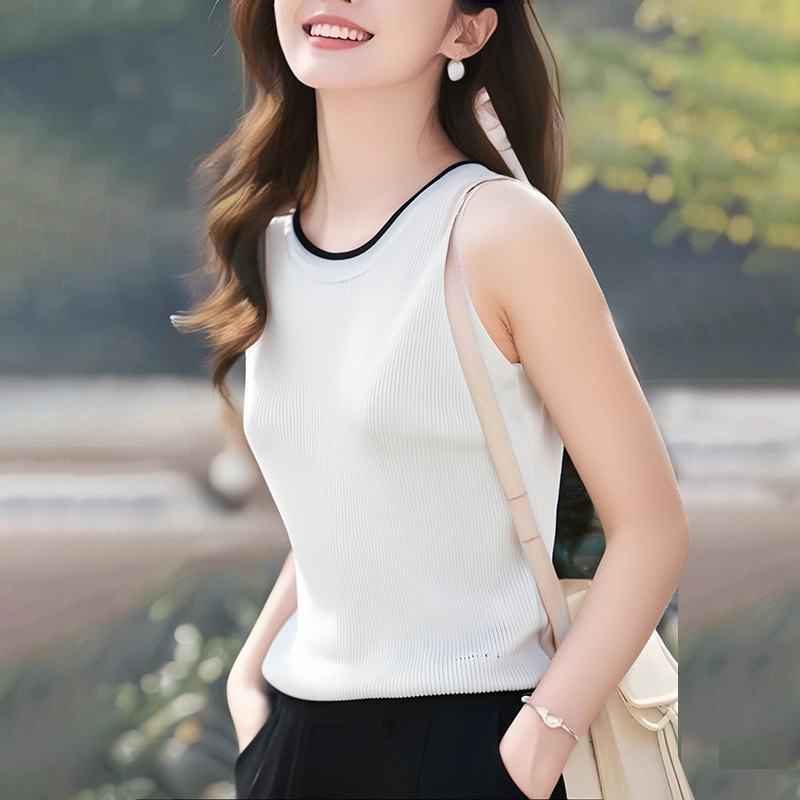Mixed colors round neck sweater knitted vest for women
