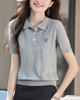 Bow lapel embroidery summer knitted niche tops