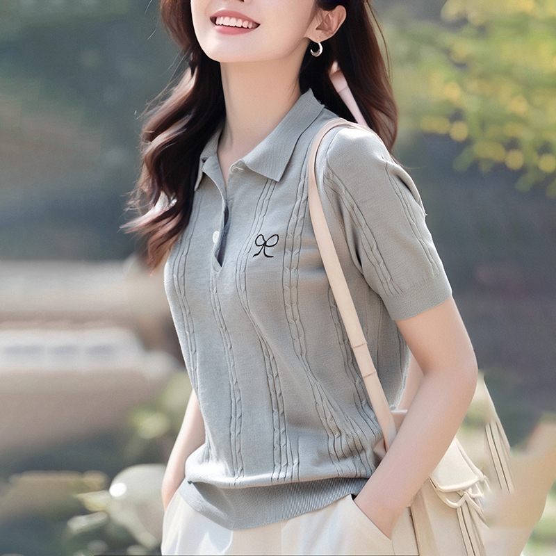 Bow lapel embroidery summer knitted niche tops