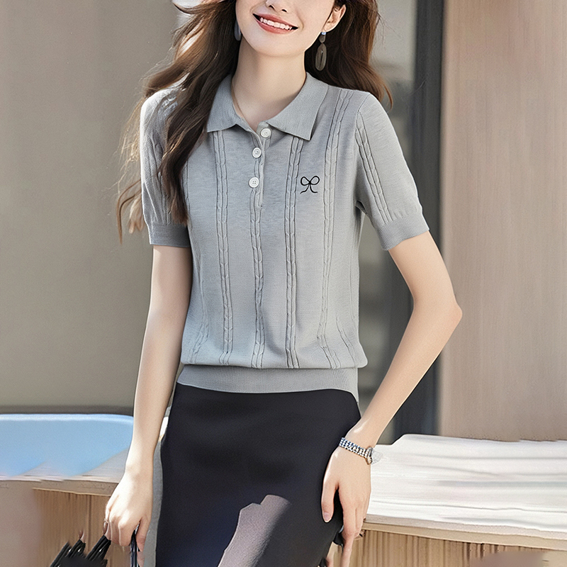 Bow lapel embroidery summer knitted niche tops