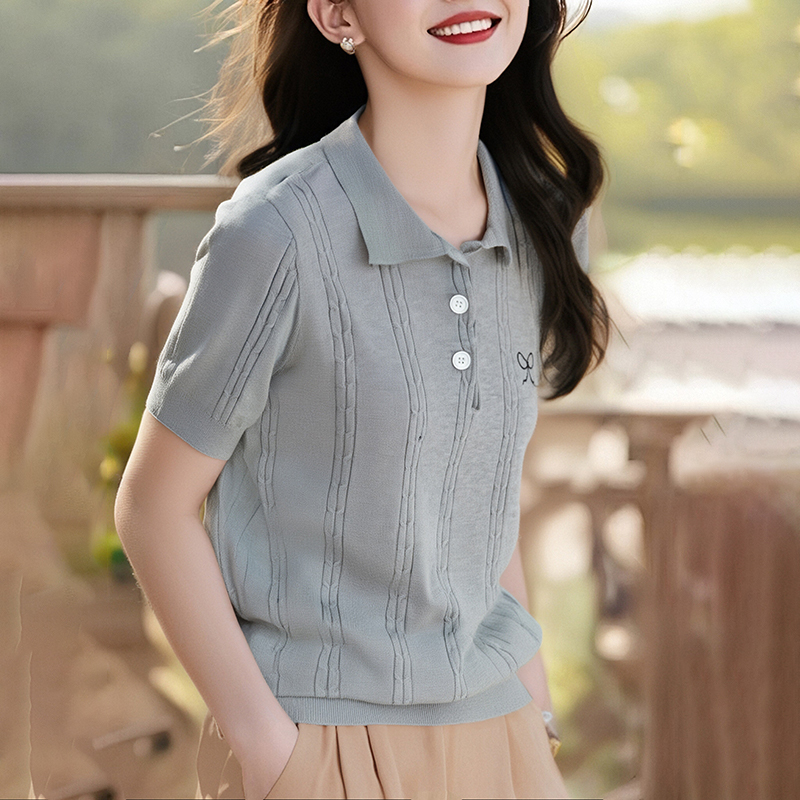 Bow lapel embroidery summer knitted niche tops