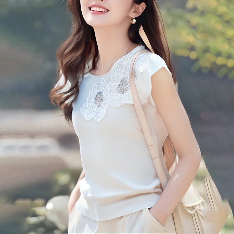 Beading stereoscopic flowers vest knitted summer tops
