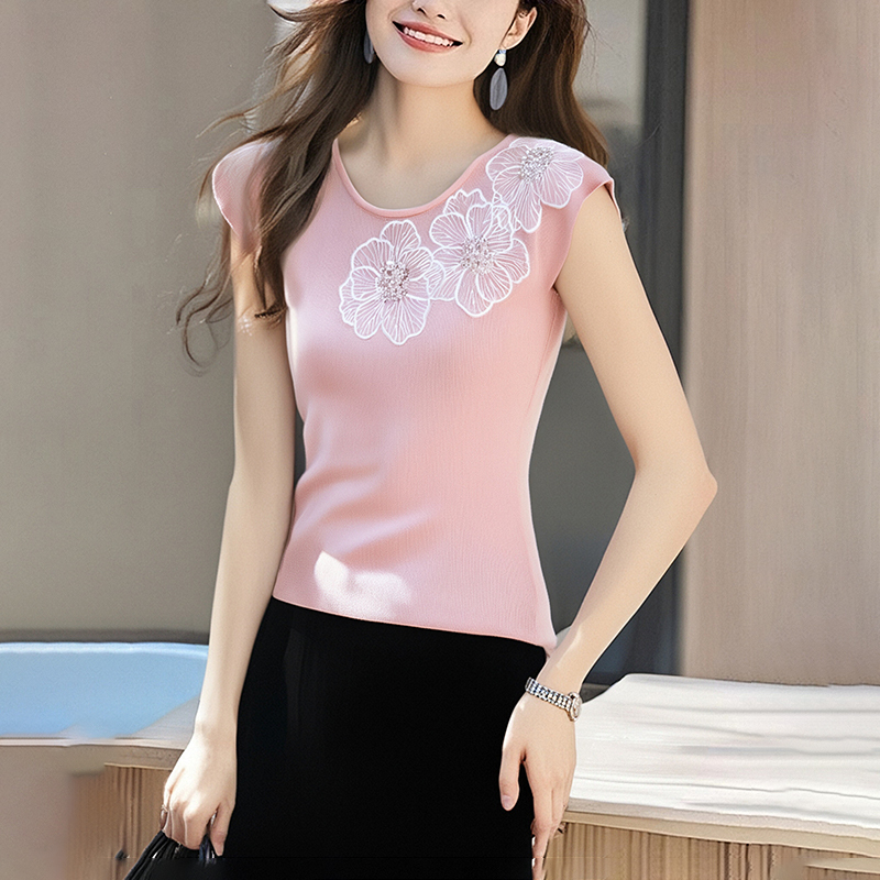 Beading stereoscopic flowers vest knitted summer tops