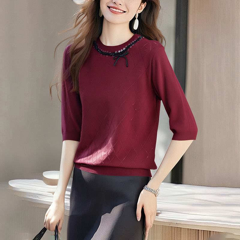 Knitted beading tops summer T-shirt for women