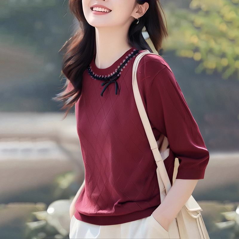 Knitted beading tops summer T-shirt for women