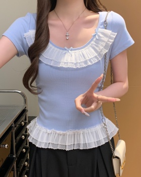 Lace bow tops small show young T-shirt for women