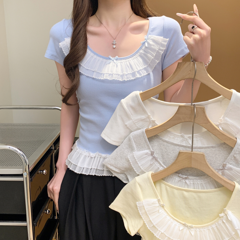 Lace bow tops small show young T-shirt for women