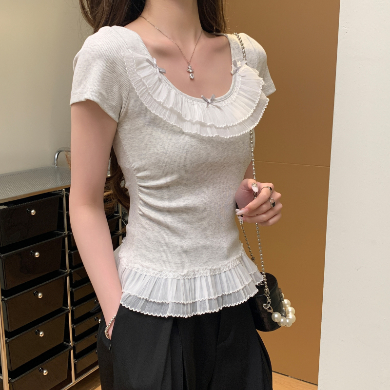 Lace bow tops small show young T-shirt for women