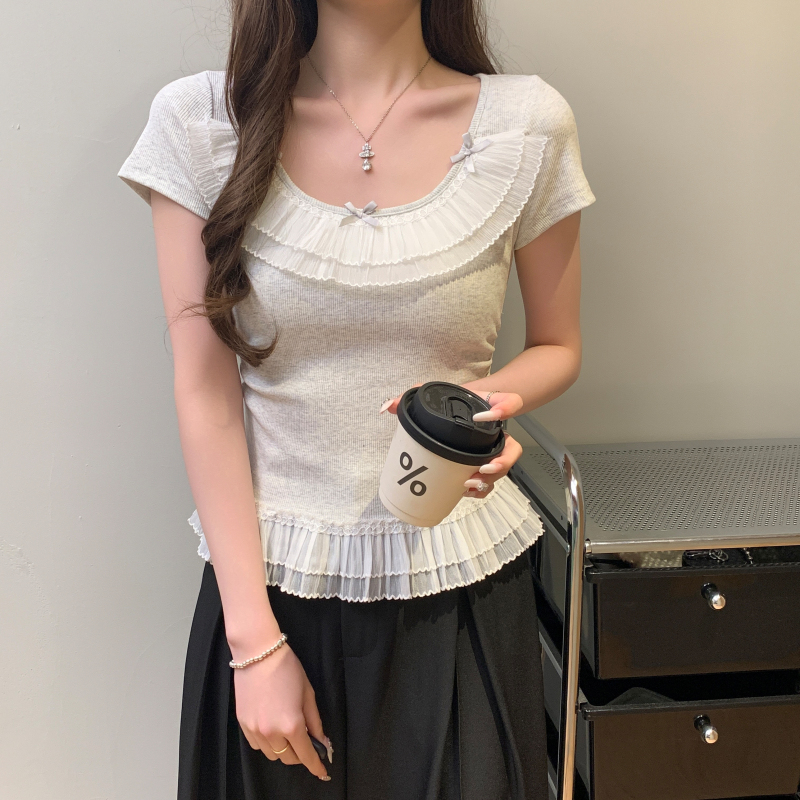 Lace bow tops small show young T-shirt for women