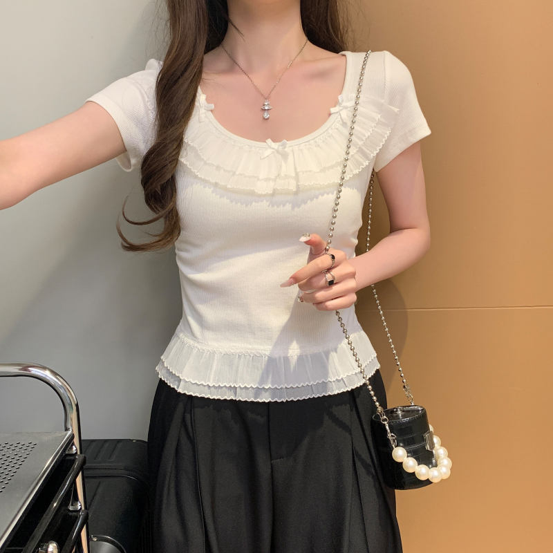 Lace bow tops small show young T-shirt for women