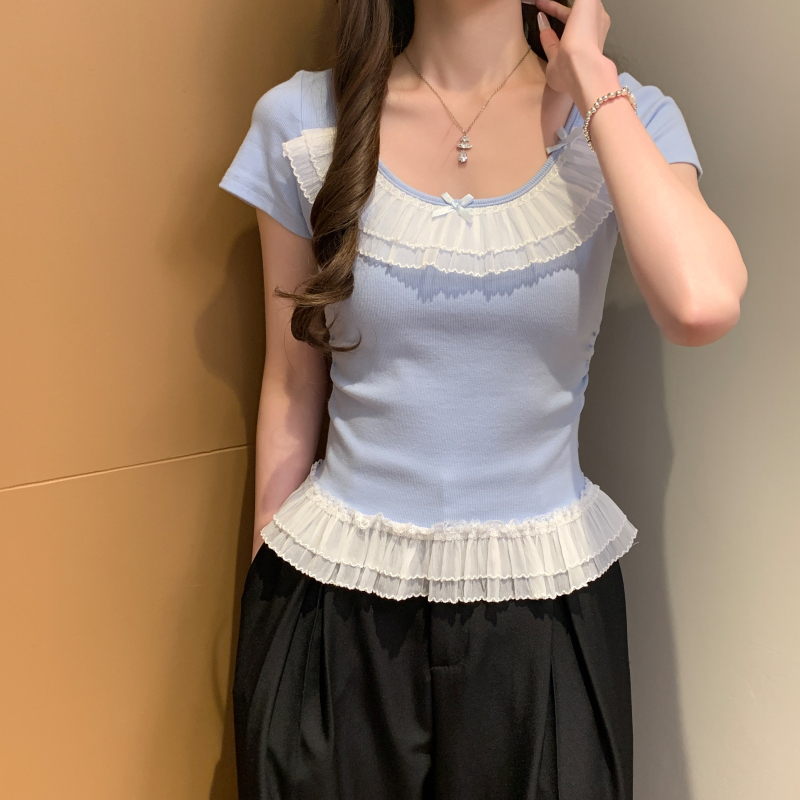 Lace bow tops small show young T-shirt for women
