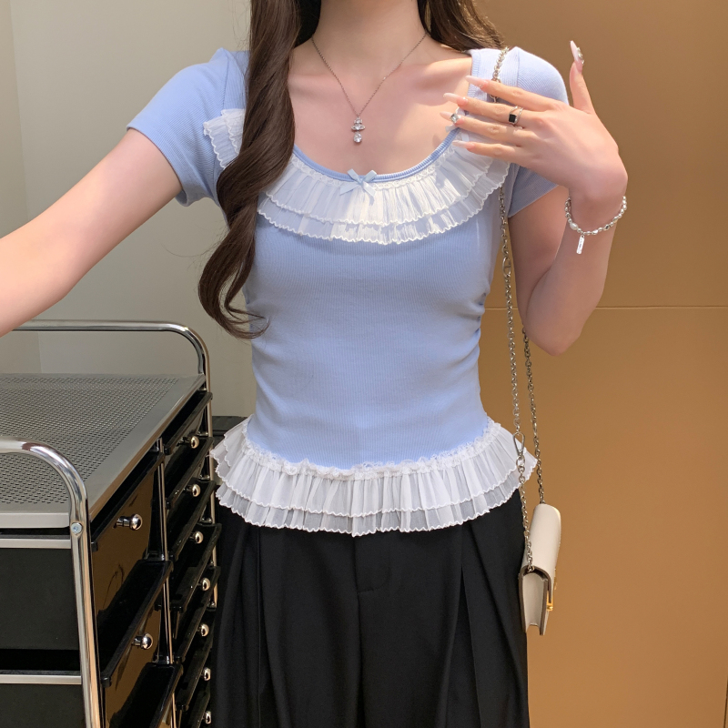 Lace bow tops small show young T-shirt for women