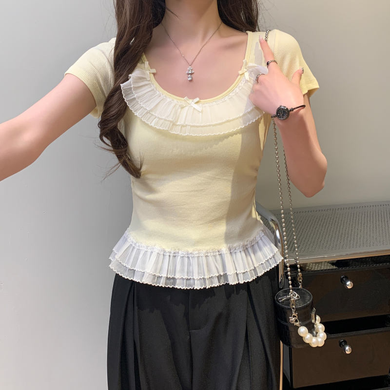 Lace bow tops small show young T-shirt for women