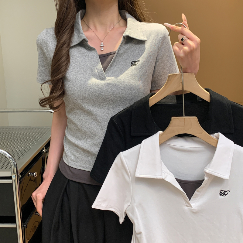 All-match short sleeve tops Pseudo-two T-shirt for women
