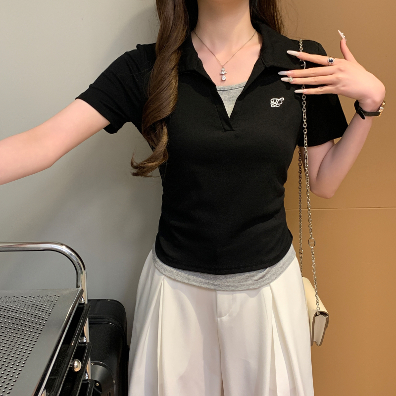 All-match short sleeve tops Pseudo-two T-shirt for women