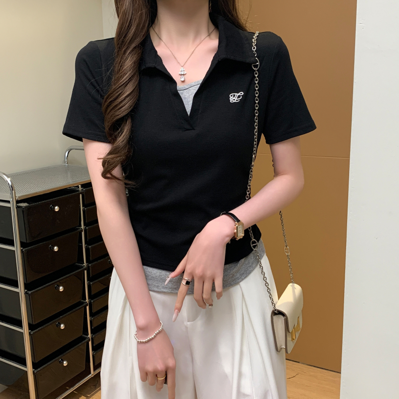All-match short sleeve tops Pseudo-two T-shirt for women