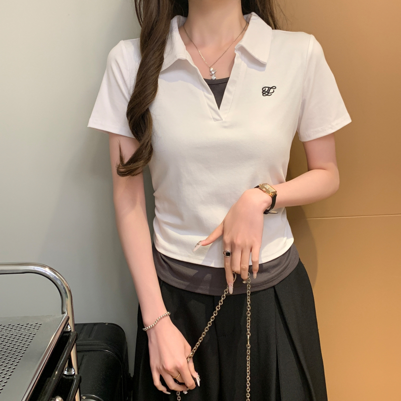 All-match short sleeve tops Pseudo-two T-shirt for women