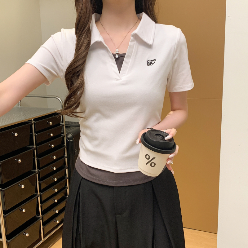 All-match short sleeve tops Pseudo-two T-shirt for women