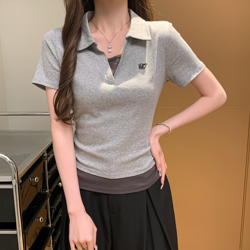 All-match short sleeve tops Pseudo-two T-shirt for women