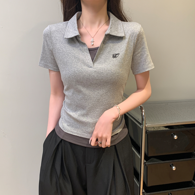 All-match short sleeve tops Pseudo-two T-shirt for women