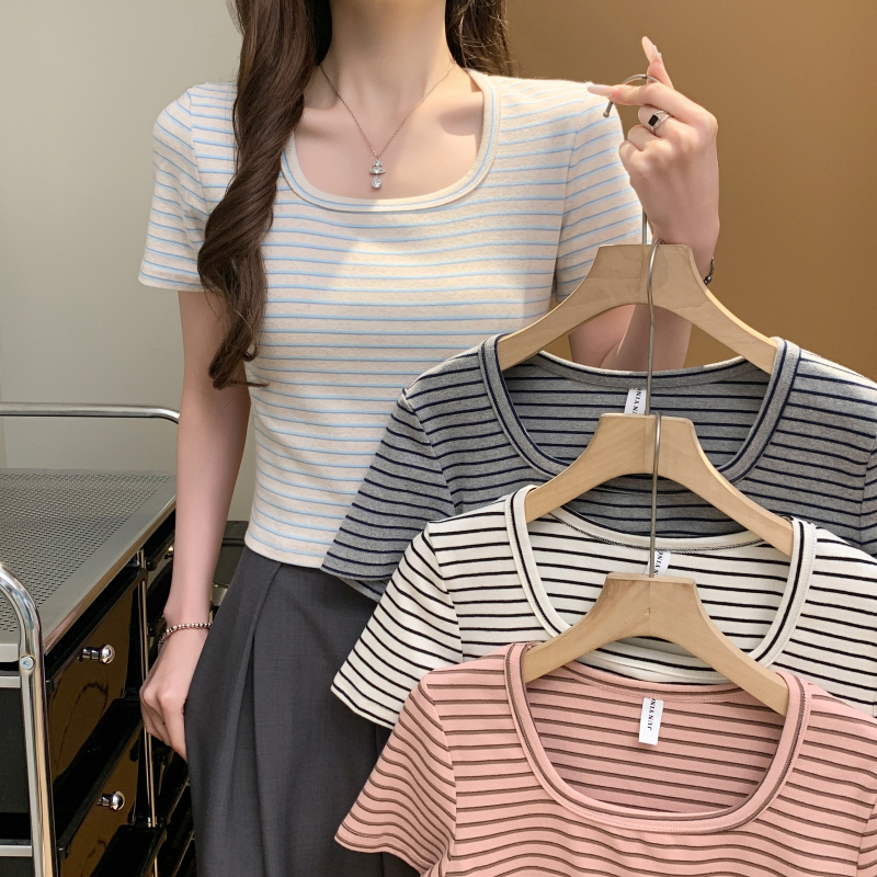 Short sleeve summer stripe tops mixed colors short T-shirt