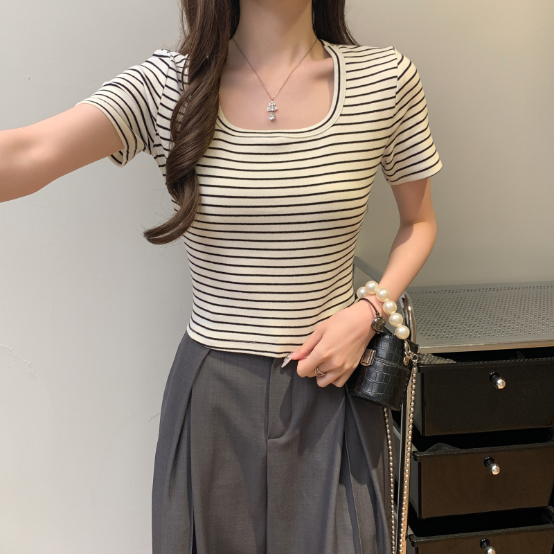 Short sleeve summer stripe tops mixed colors short T-shirt