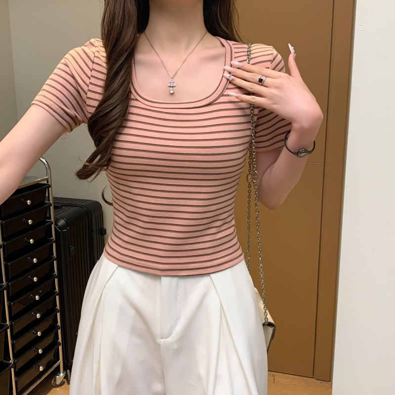 Short sleeve summer stripe tops mixed colors short T-shirt