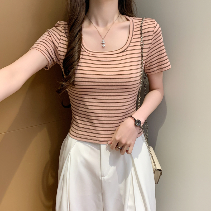 Short sleeve summer stripe tops mixed colors short T-shirt