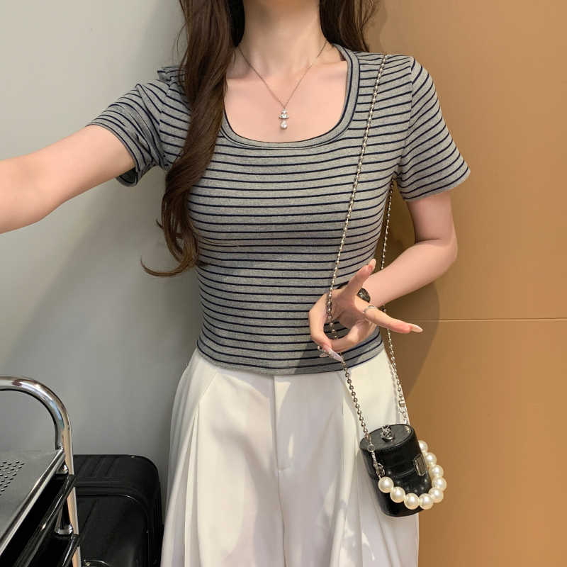 Short sleeve summer stripe tops mixed colors short T-shirt