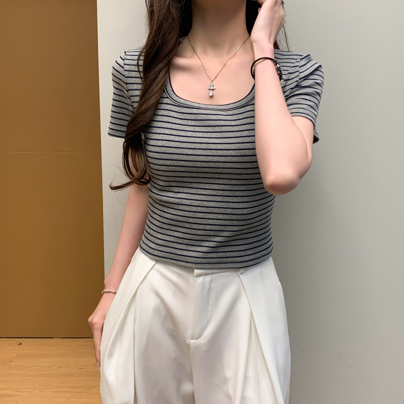 Short sleeve summer stripe tops mixed colors short T-shirt