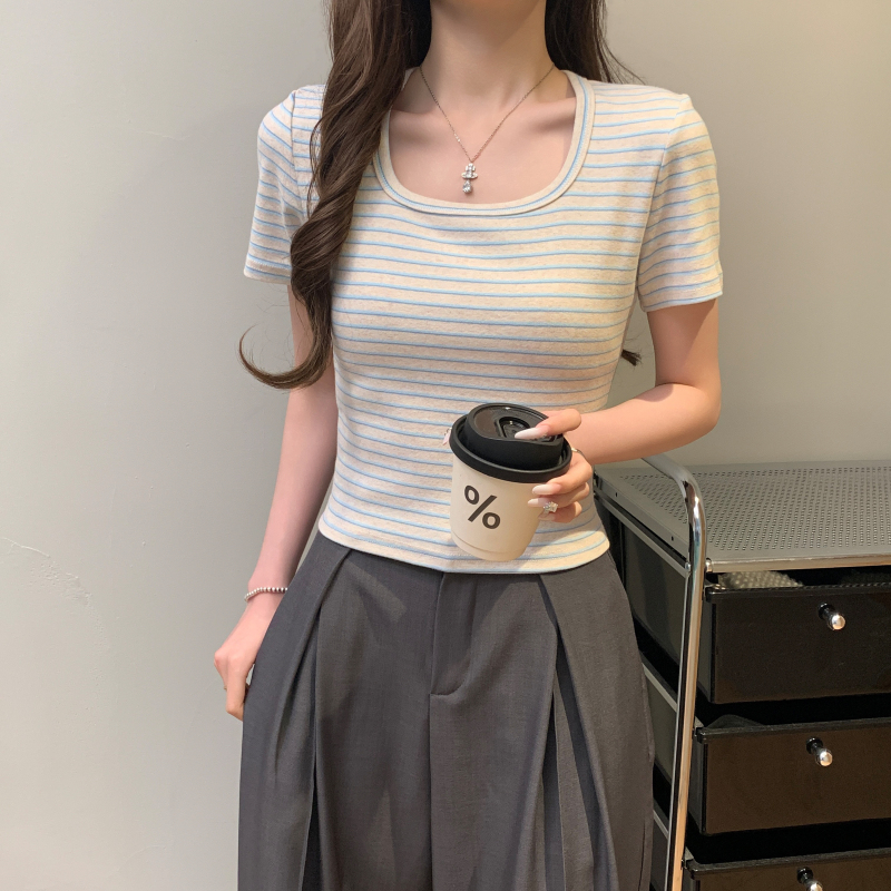 Short sleeve summer stripe tops mixed colors short T-shirt