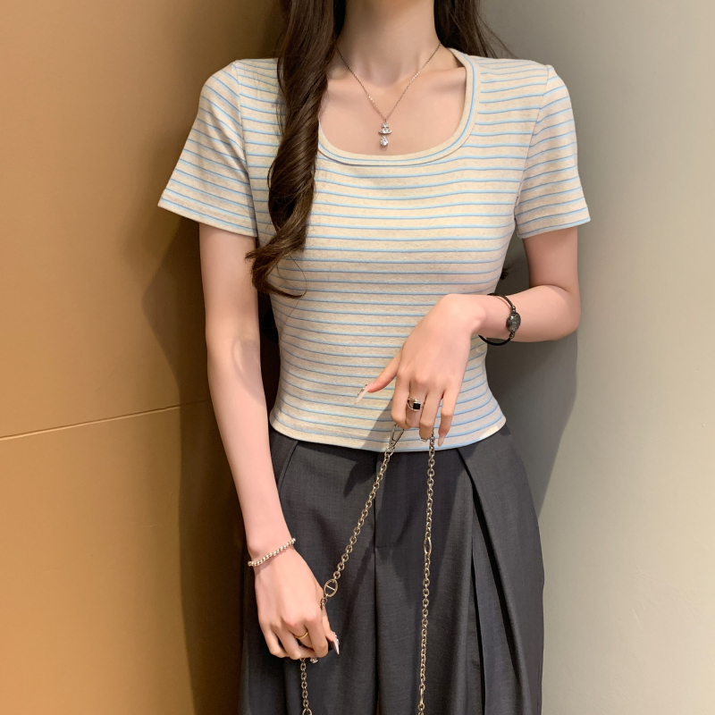 Short sleeve summer stripe tops mixed colors short T-shirt