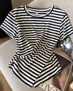 Western style stripe round neck T-shirt summer cross tops