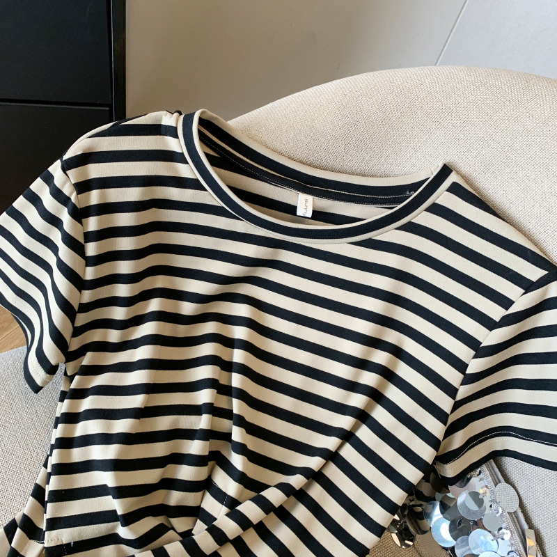 Western style stripe round neck T-shirt summer cross tops