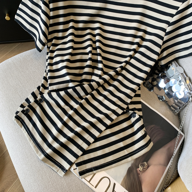 Western style stripe round neck T-shirt summer cross tops