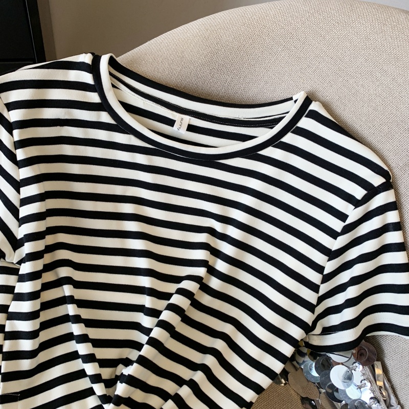 Western style stripe round neck T-shirt summer cross tops