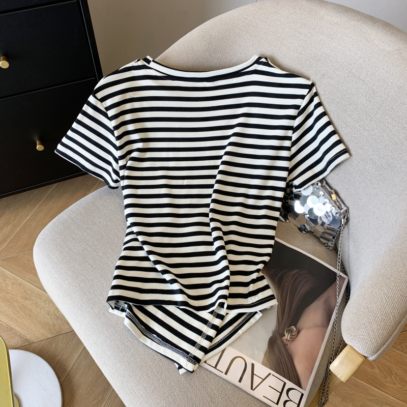 Western style stripe round neck T-shirt summer cross tops