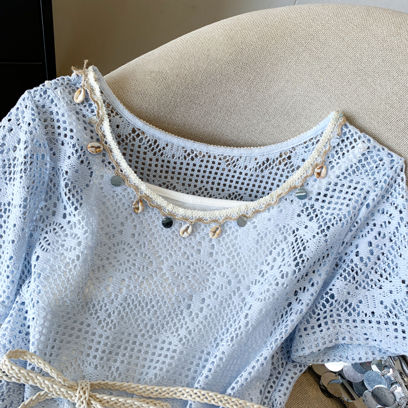 Hollow hook flower vest summer sling T-shirt a set for women
