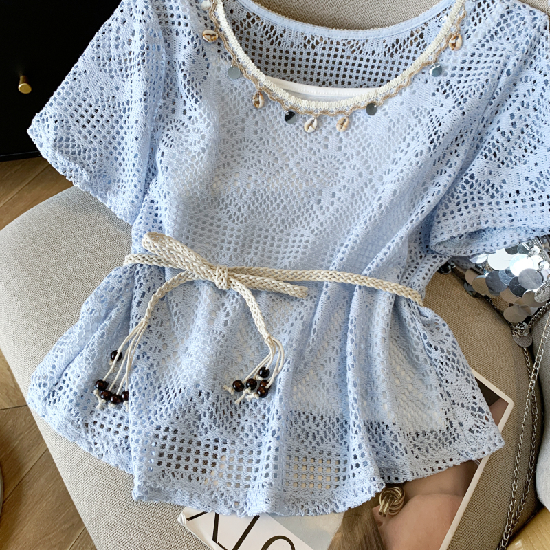 Hollow hook flower vest summer sling T-shirt a set for women