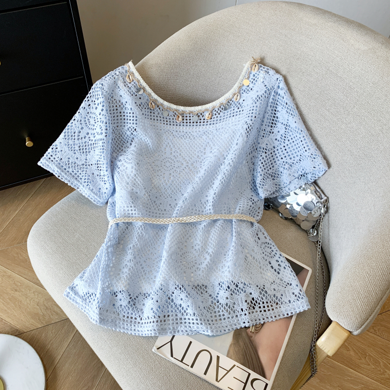 Hollow hook flower vest summer sling T-shirt a set for women